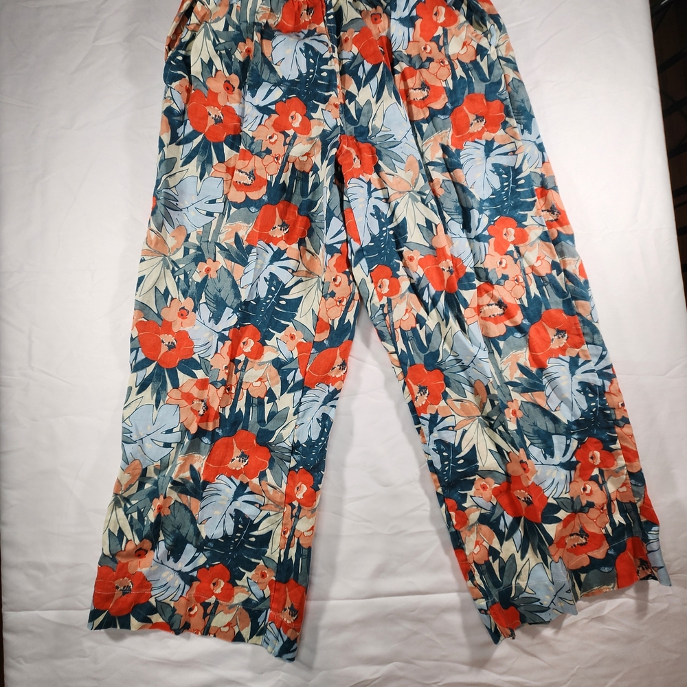 C&C California 100% Linen Floral Tropical Print Wide Leg Pants